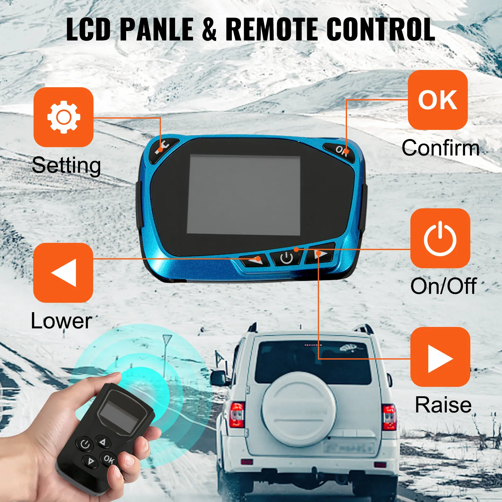 lcd and remote control for the VEVOR diesel air heater on a snowy background.