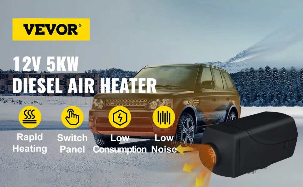 Nagrzewnica powietrza VEVOR diesel 12 V 5 kW, szybkie nagrzewanie, panel przełączników, niskie zużycie paliwa, niski poziom hałasu.
