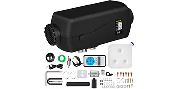 Nagrzewnica powietrza VEVOR na olej napędowy z panelem sterowania i akcesoriami montażowymi.