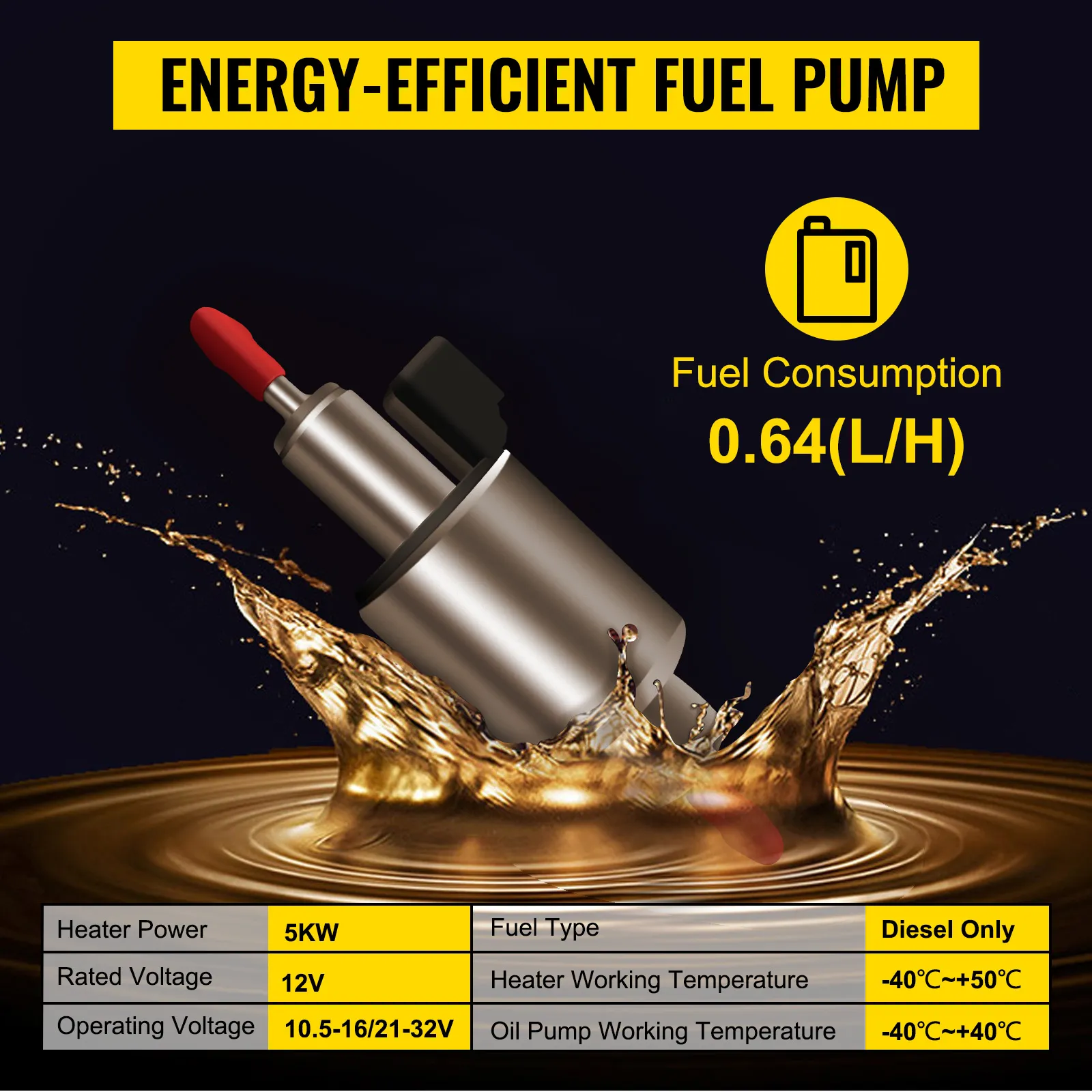 energooszczędna pompa paliwa do podgrzewacza powietrza VEVOR z silnikiem wysokoprężnym o zużyciu 0,64 l/h.