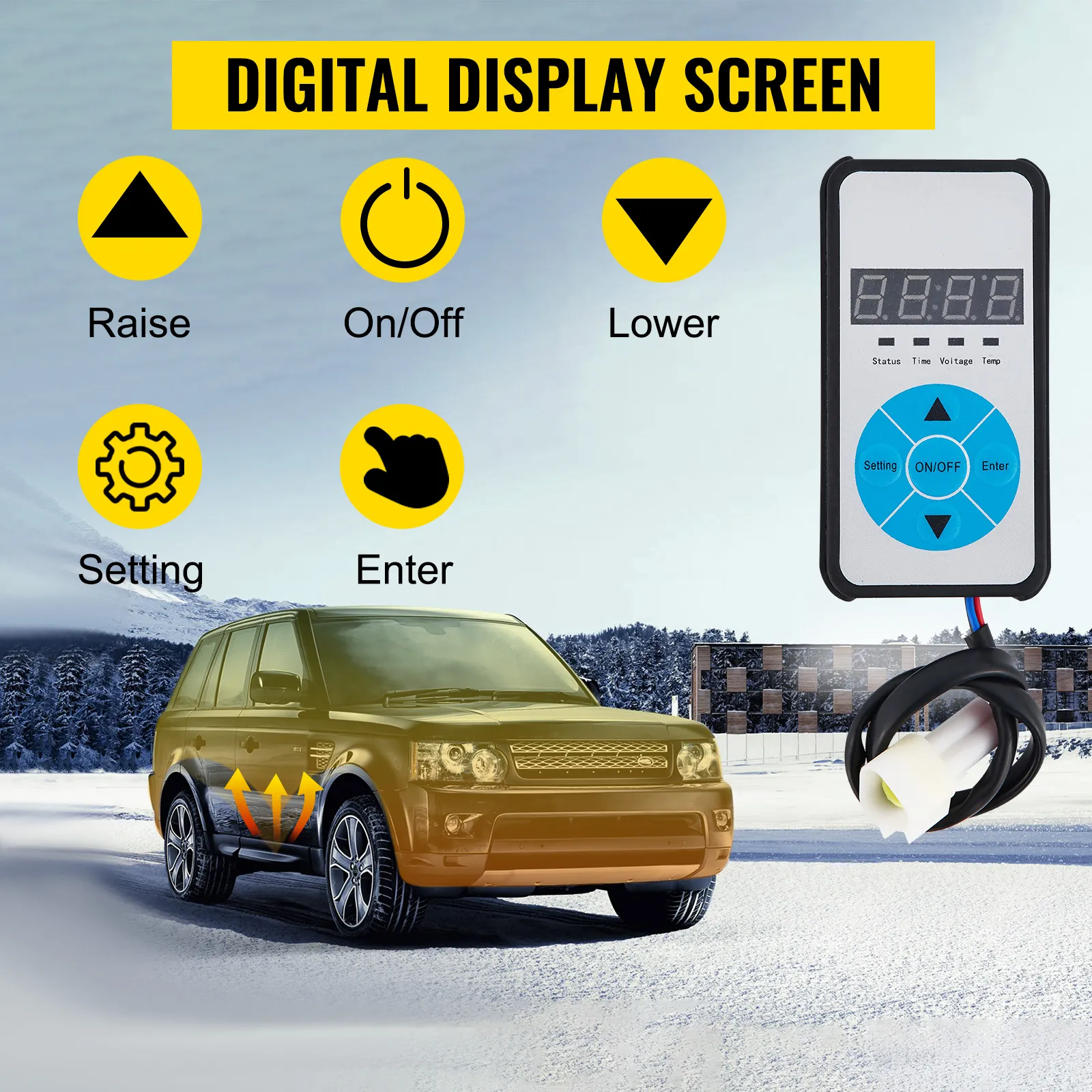 Nagrzewnica powietrza VEVOR z silnikiem wysokoprężnym, wyświetlaczem cyfrowym i samochodem na tle zaśnieżonego krajobrazu.
