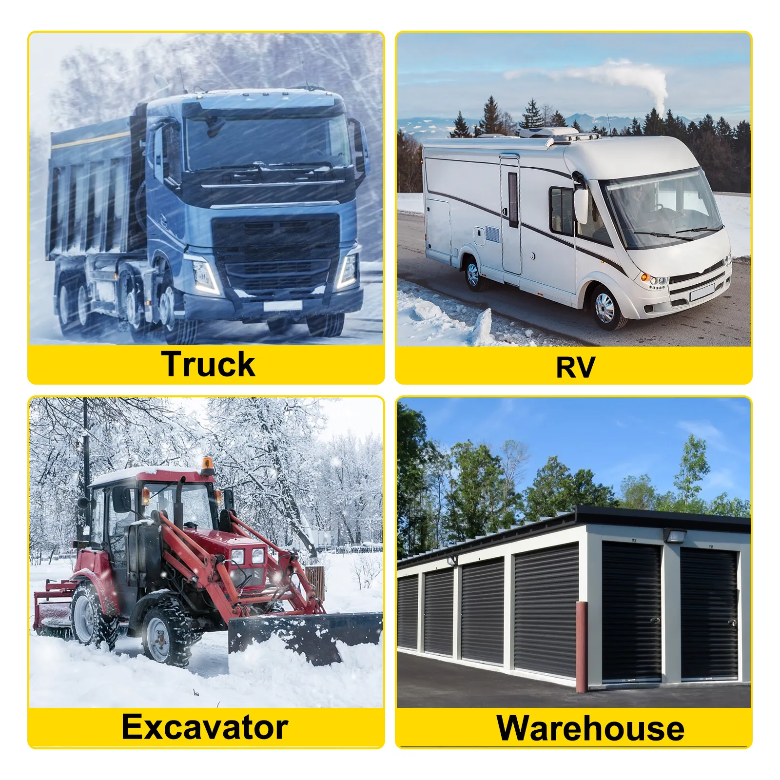 ciężarówki, kampery, koparki i magazyny w różnych porach roku, wśród śniegu i zieleni.