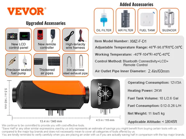 Riscaldatore d'aria diesel VEVOR da 2 kW con accessori: pompa del carburante, filtro, telecomando, pannello LCD e filtro dell'aria.
