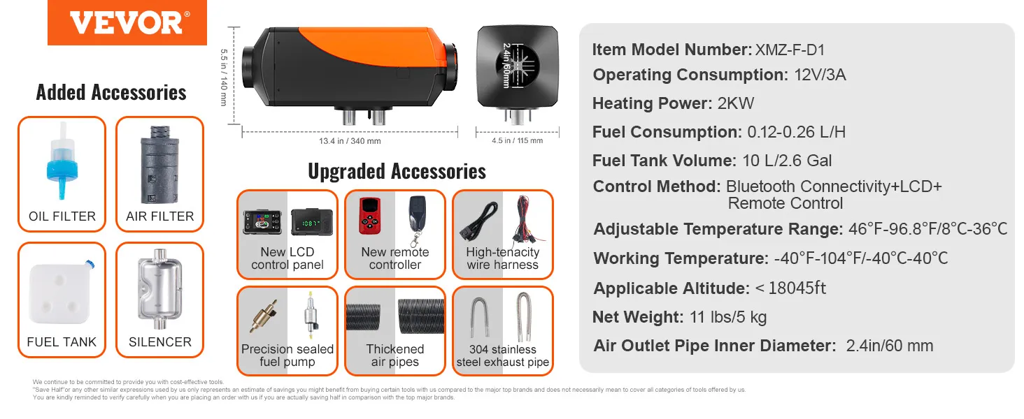 Riscaldatore d'aria diesel VEVOR da 2 kW con accessori: pompa del carburante, filtro, telecomando, pannello LCD e filtro dell'aria.