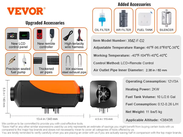 VEVOR diesel air heater components, voltage, power, temperature range, and included accessories.