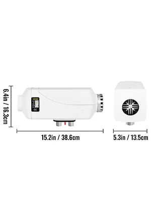 VEVOR diesel air heater dimensions: 15.2" x 6.4" x 5.3". white, compact design.