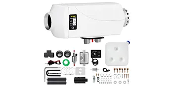 VEVOR diesel air heater with installation accessories and control unit.
