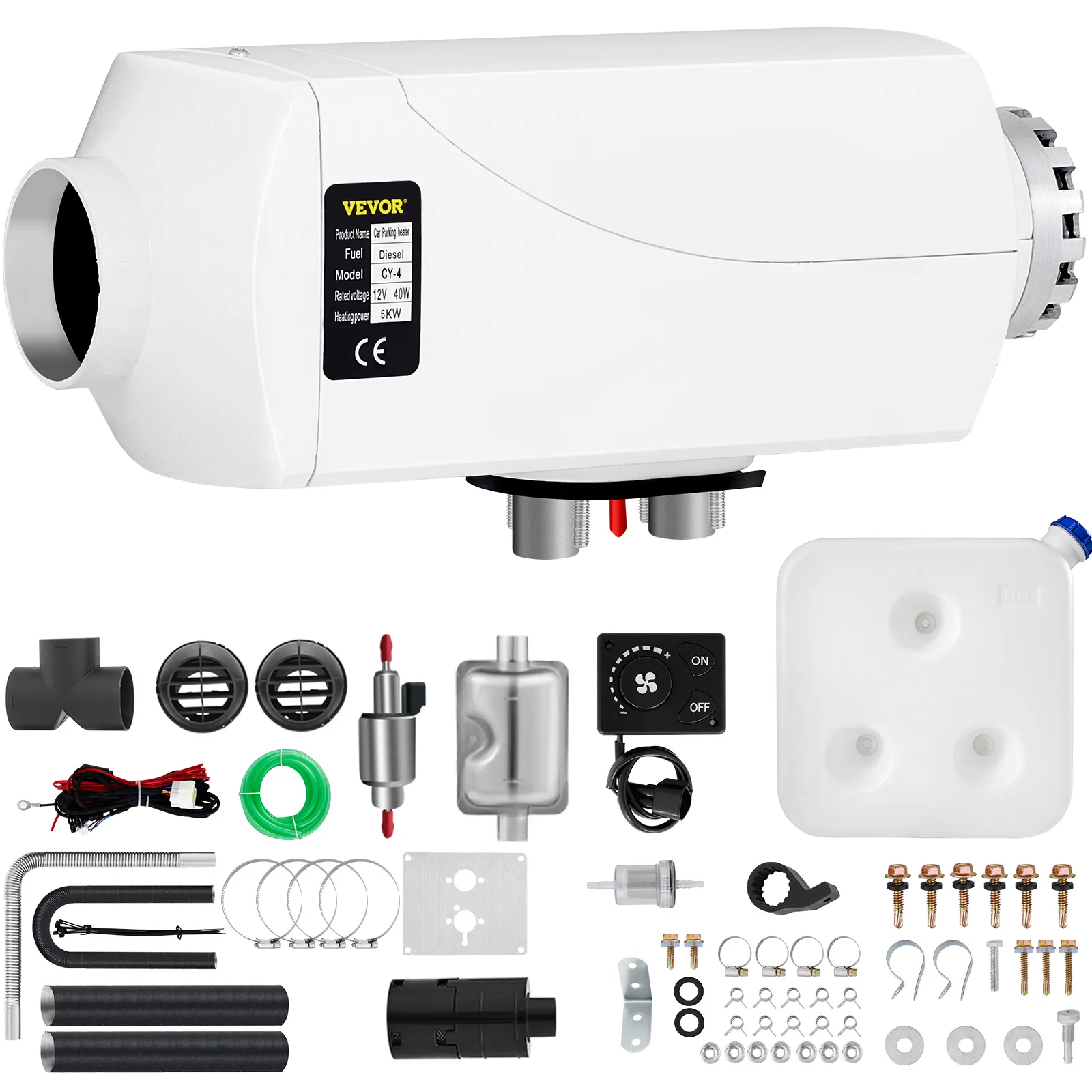 VEVOR diesel air heater with components including fuel tank, ducts, and control panel.