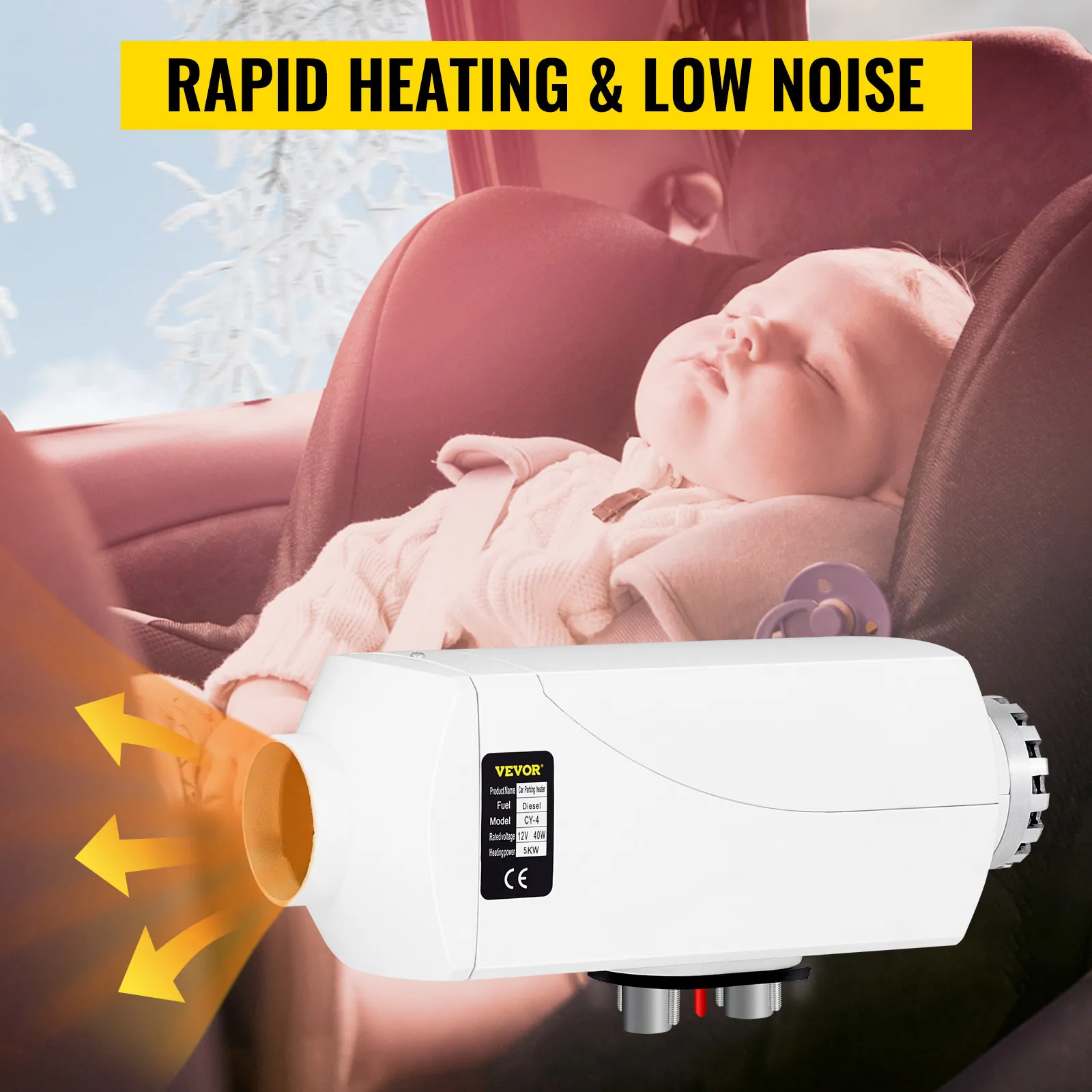 VEVOR diesel air heater providing rapid heating for a sleeping baby in a car seat.