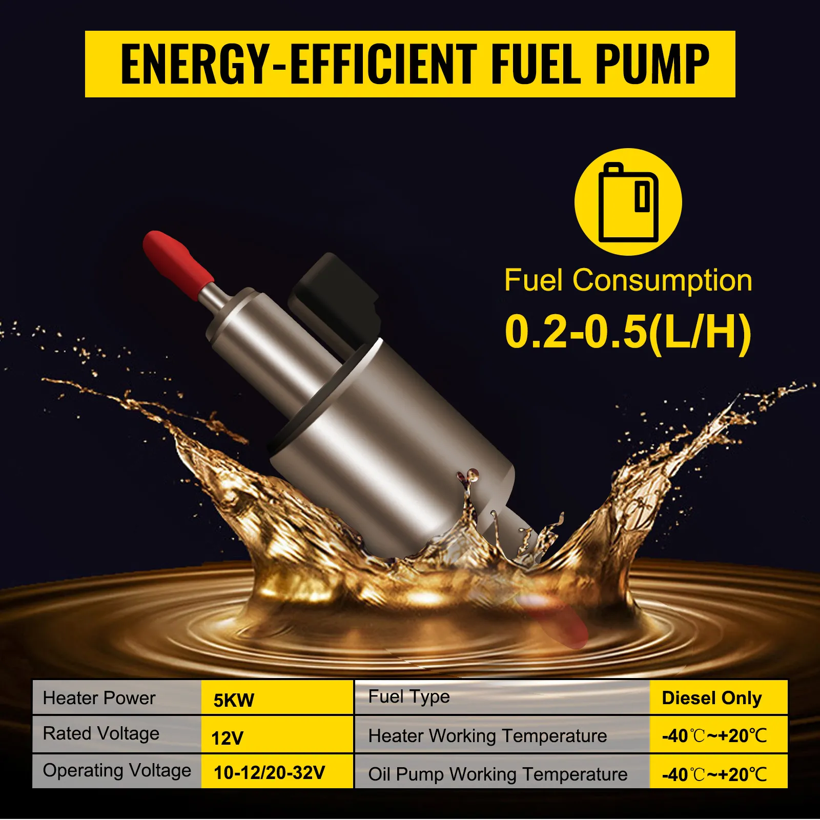 energy-efficient fuel pump for VEVOR diesel air heater with 0.2-0.5(l/h) consumption.