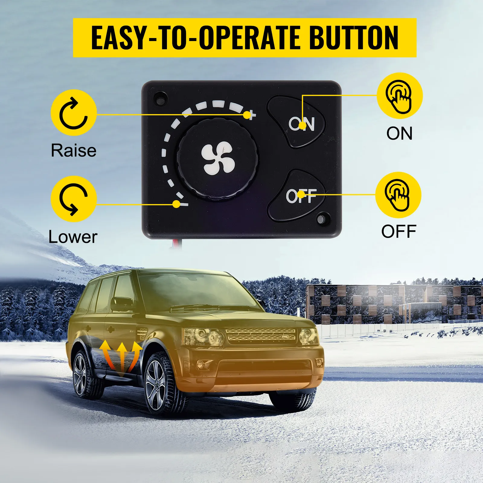 VEVOR diesel air heater: easy-to-operate button with temperature control in snowy landscape.
