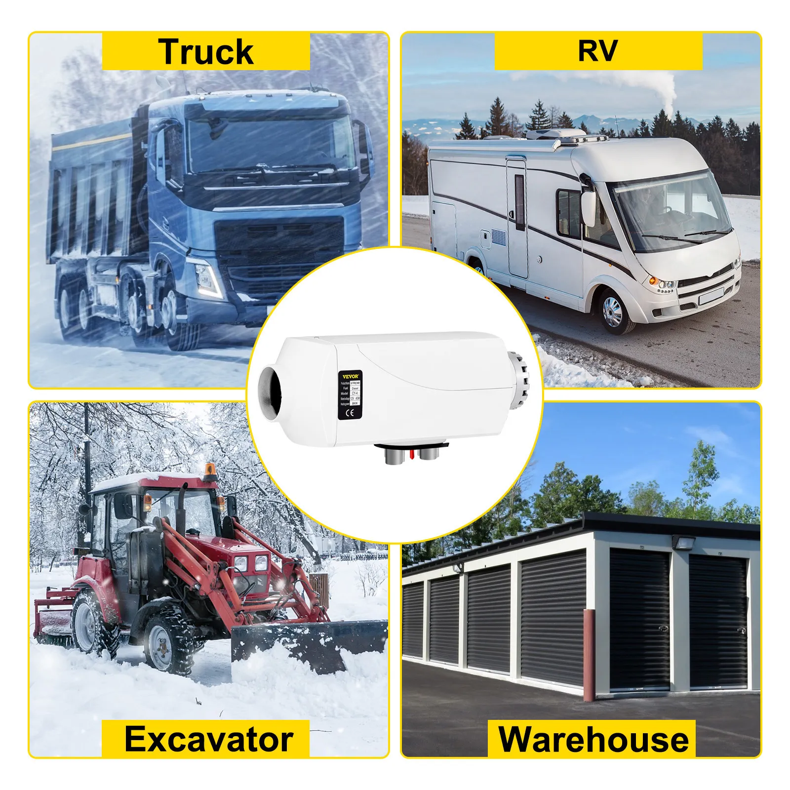 VEVOR diesel air heater for truck, rv, excavator, and warehouse heating.