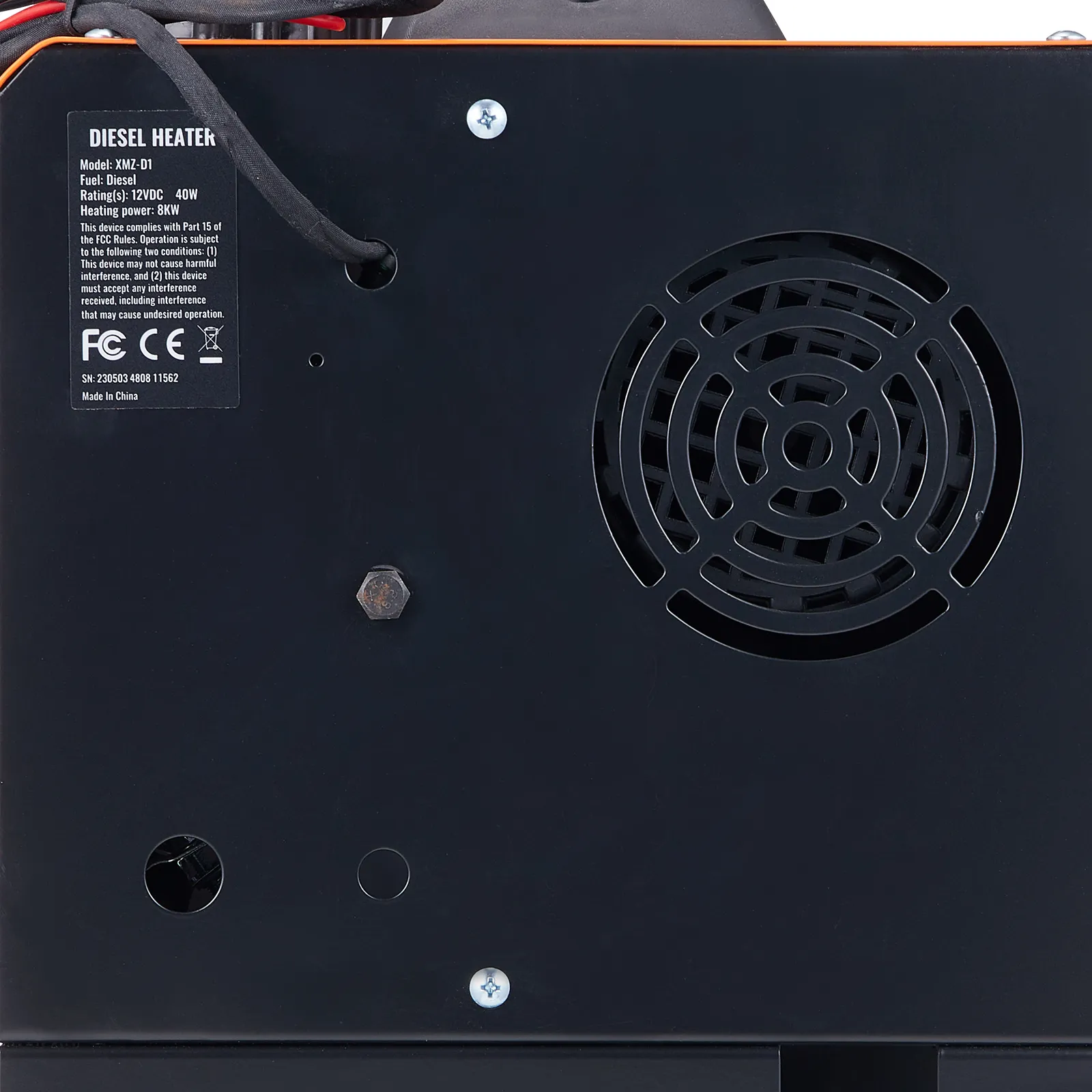 VEVOR diesel air heater, black unit with cooling fan and model specifications on the side.