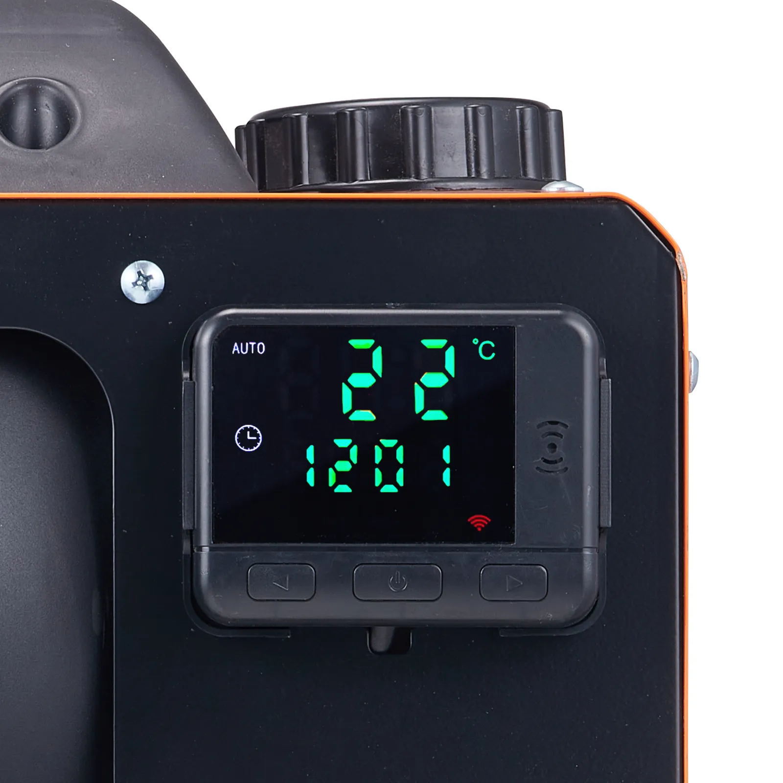 VEVOR diesel air heater control panel displaying 22°c temperature and 12:01 time.