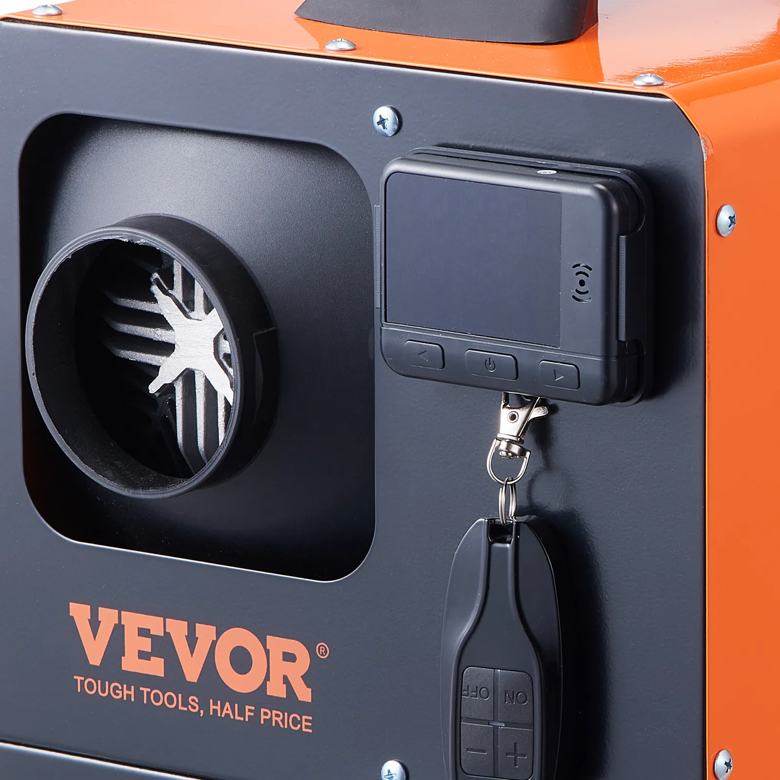 VEVOR diesel air heater with control panel and remote, showing ventilation and branding.