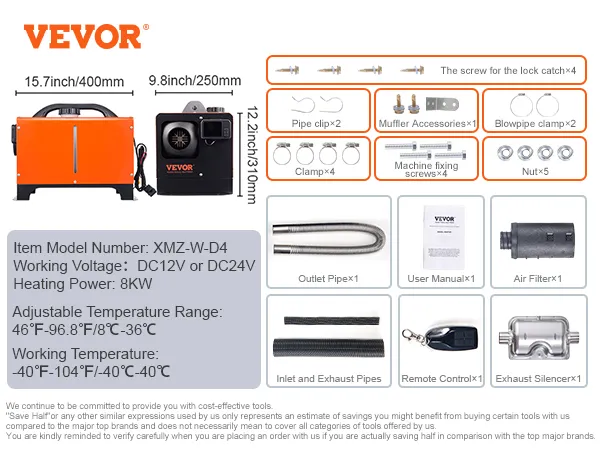 Calentador de aire diésel VEVOR, 8kw, 12v/24v, con accesorios que incluyen filtro de aire, tubos de escape, control remoto.