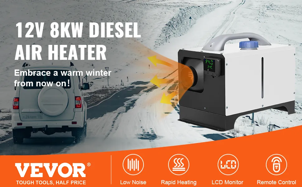 Calentador de aire diésel VEVOR 12v 8kw para calentamiento rápido, monitor lcd y control remoto.