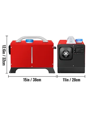 roter und schwarzer VEVOR-Diesel-Lufterhitzer mit den Abmessungen 15 x 12,6 x 11 Zoll.