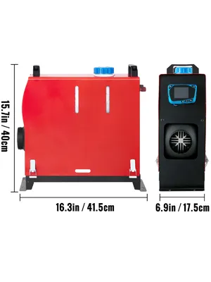 VEVOR diesel air heater dimensions: 16.3x6.9x15.7 inches, compact red and black unit.