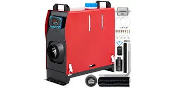 red VEVOR diesel air heater with accessories and remote control.