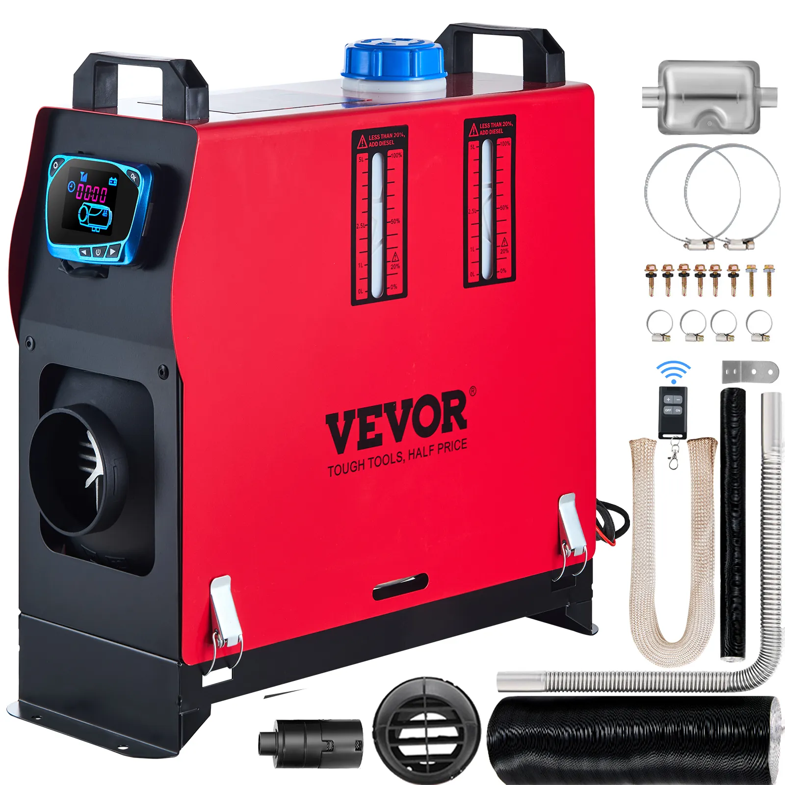 red and black VEVOR diesel air heater with digital display, components, and accessories.