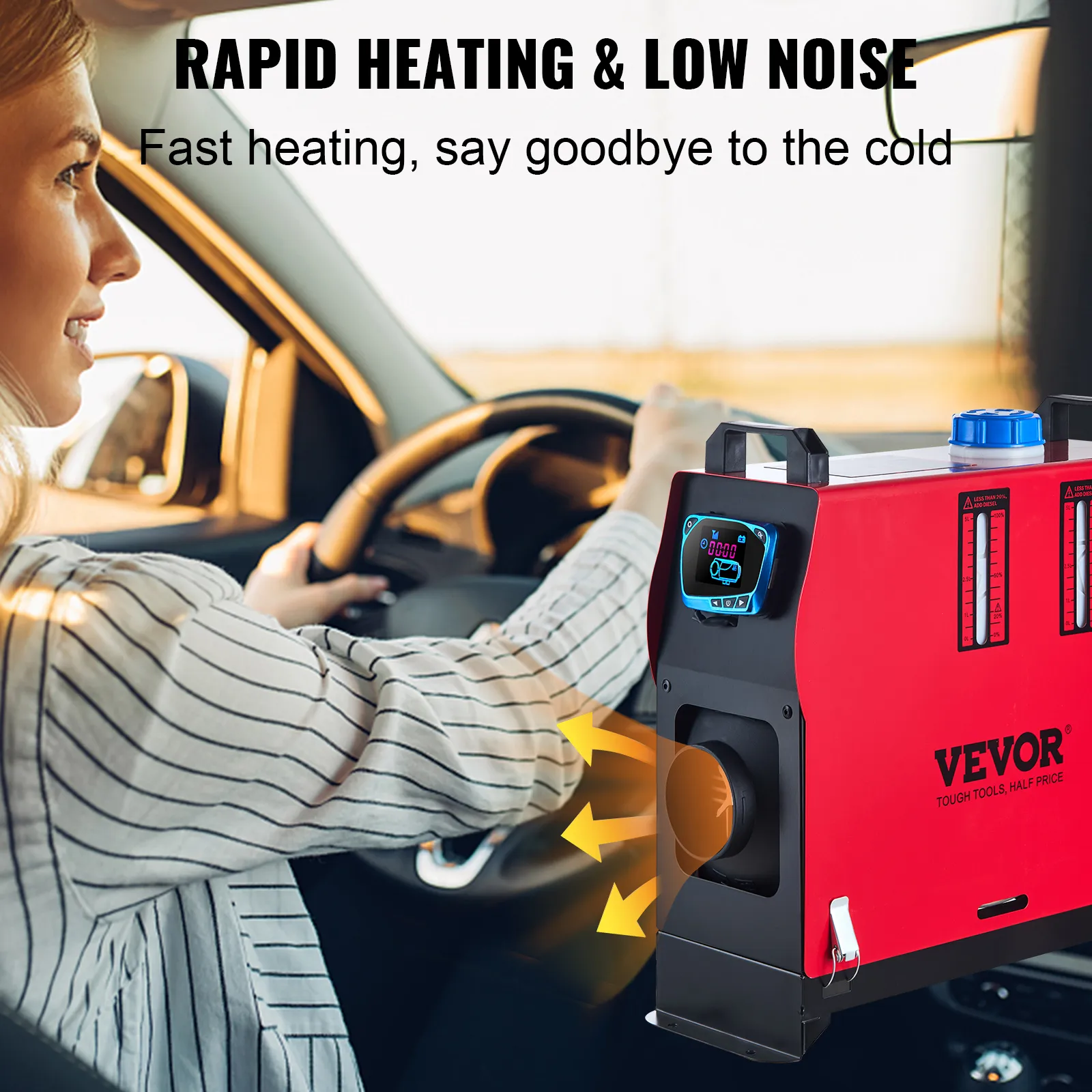 VEVOR diesel air heater in car, providing rapid heating and low noise for driver.