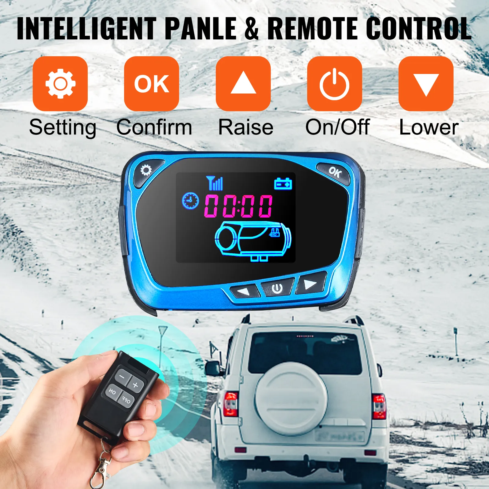 VEVOR diesel air heater control panel and remote for winter vehicle heating setup.