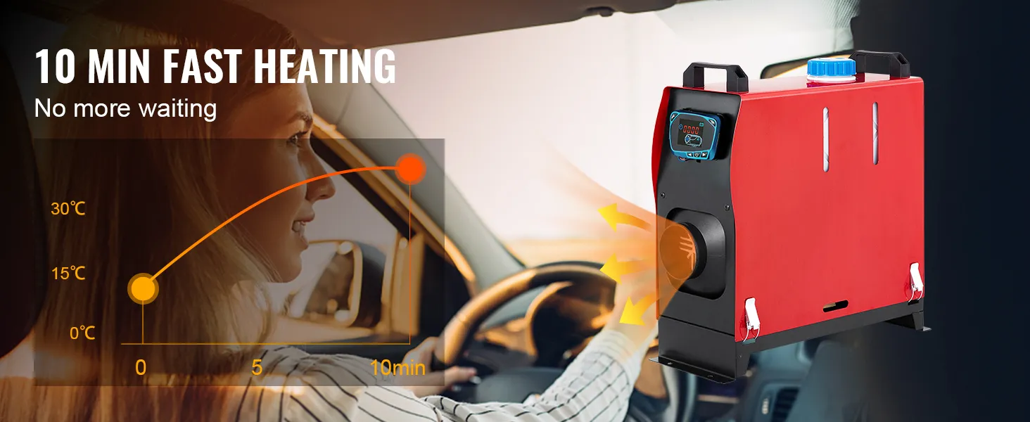 VEVOR diesel air heater quickly warms up in 10 minutes with easy controls in a car.