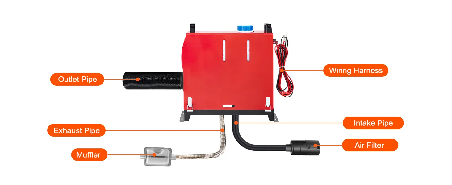 VEVOR diesel air heater with outlet, intake, exhaust pipes, air filter, muffler, wiring harness.