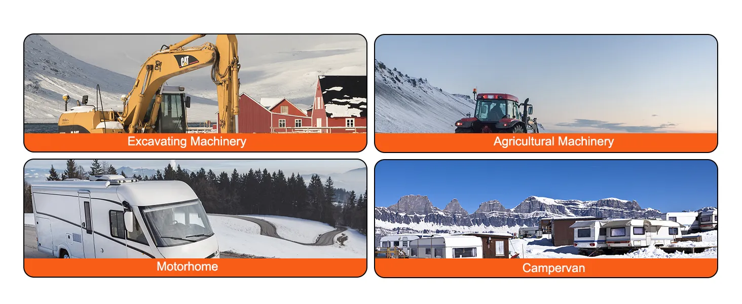 excavating machinery, agricultural machinery, motorhome, and campervan in snowy settings.