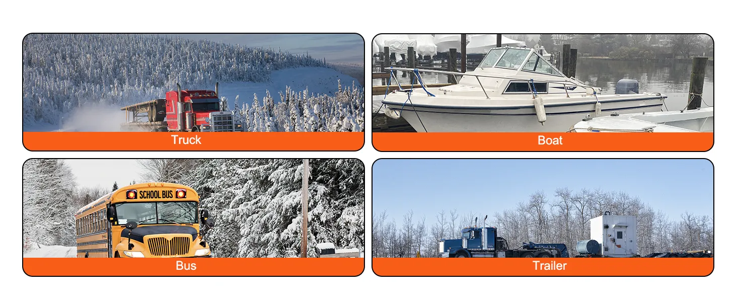truck, boat, bus, and trailer in winter showcasing VEVOR diesel air heater.
