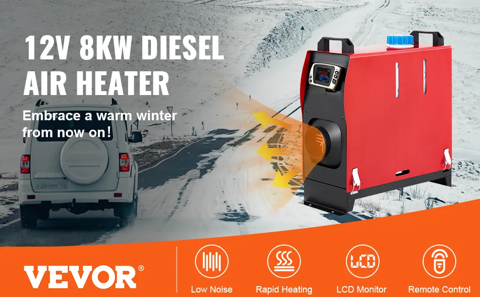 VEVOR diesel air heater providing warmth in snowy landscape, highlighting low noise, rapid heating, lcd monitor