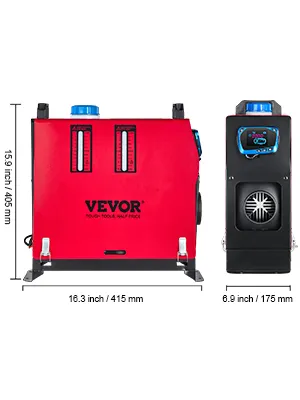 VEVOR diesel air heater dimensions: 16.1in x 13.8in x 5.9in.