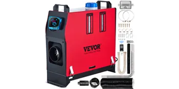 VEVOR diesel air heater in red with control unit and installation accessories.