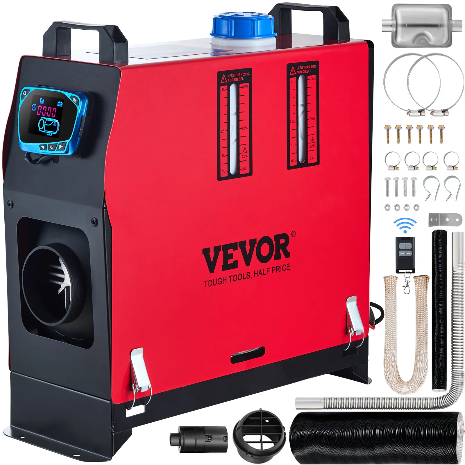 red VEVOR diesel air heater with installation kit and digital control panel.