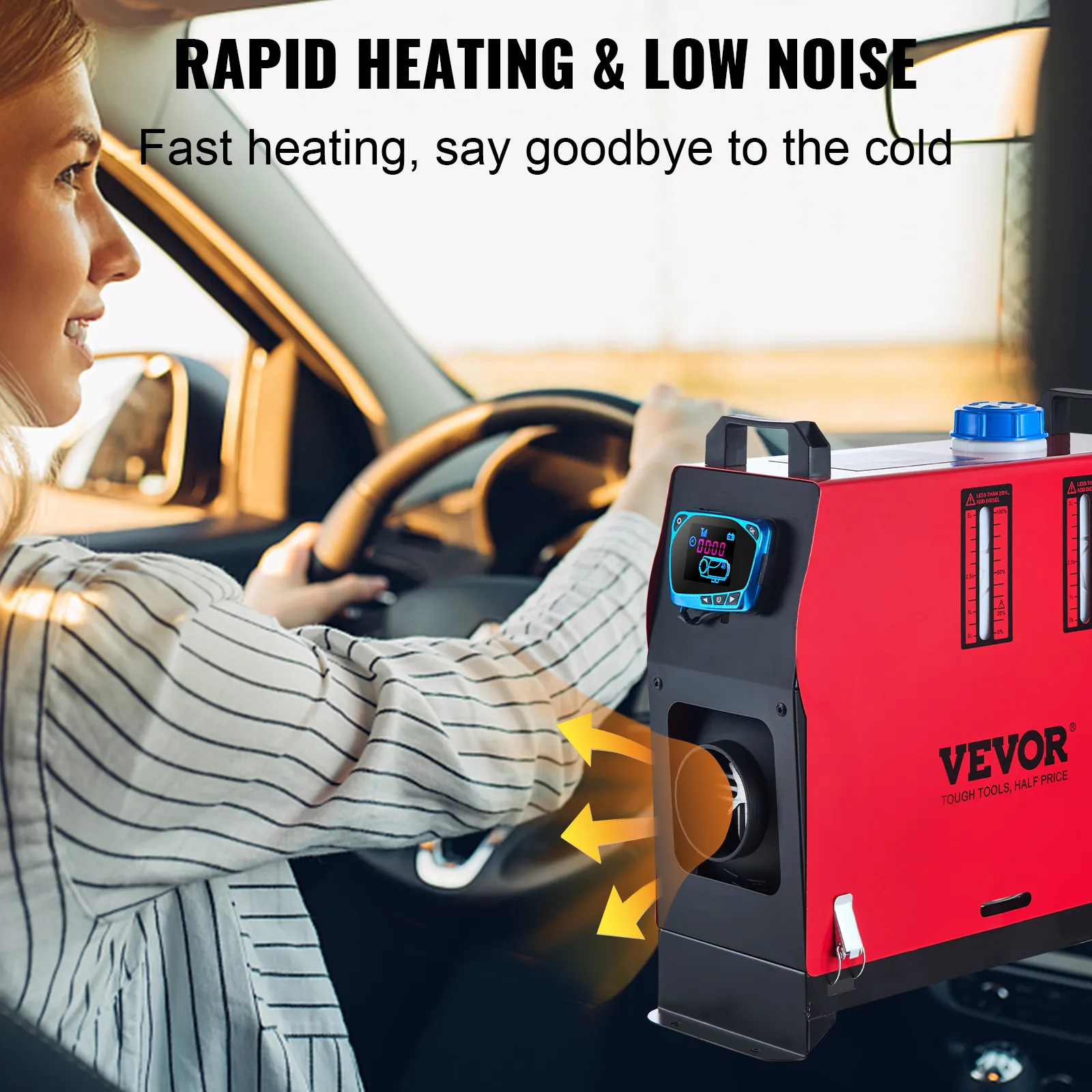 VEVOR diesel air heater rapidly heating a car interior with low noise efficiency.