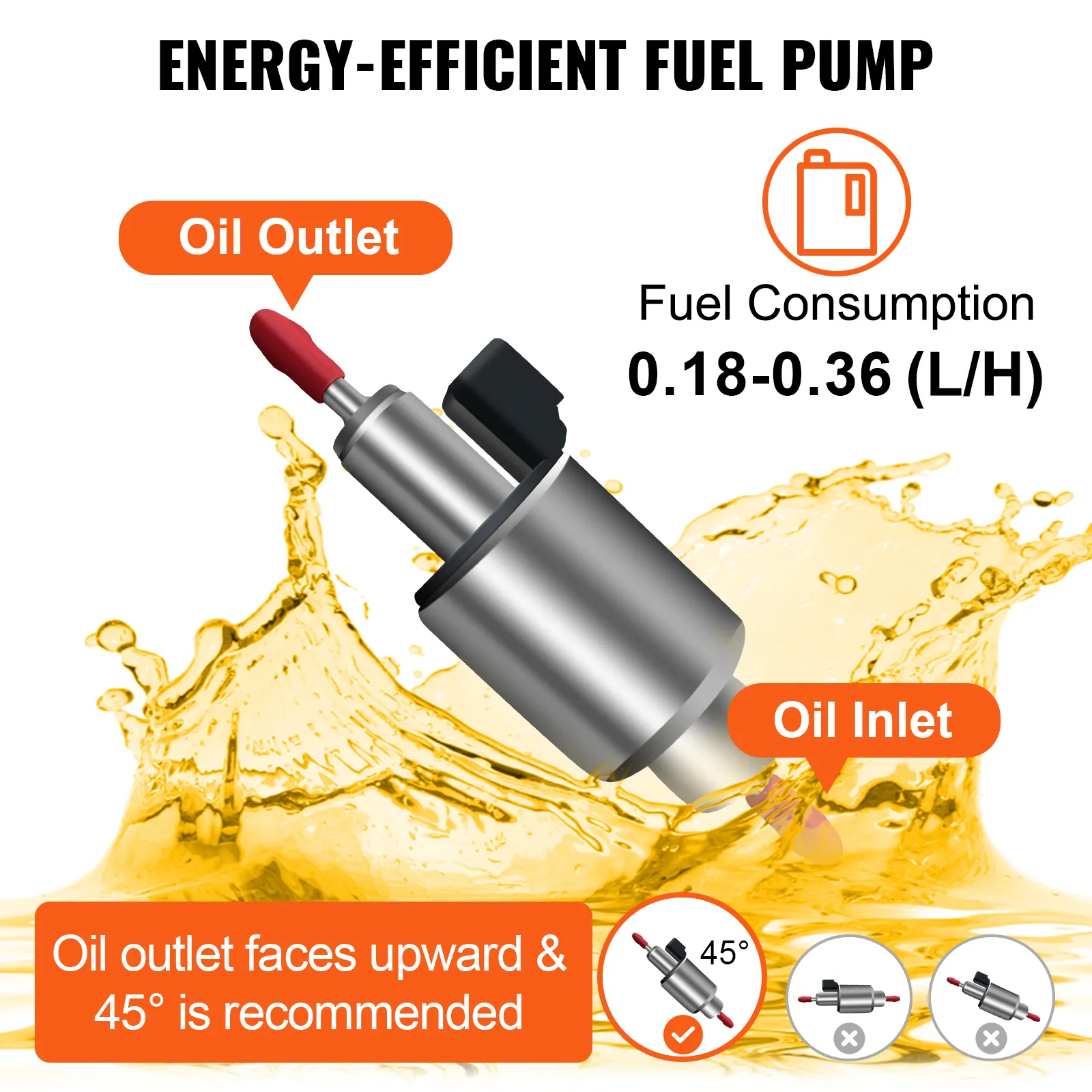 VEVOR diesel air heater fuel pump with labeled oil inlet, outlet, and fuel consumption.
