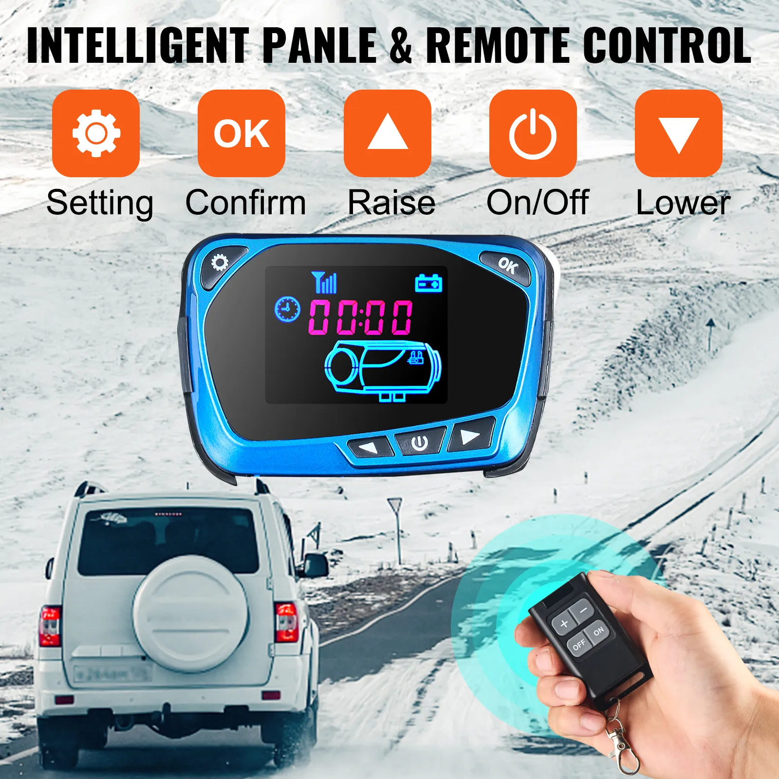 VEVOR diesel air heater remote control, settings for winter driving comfort.
