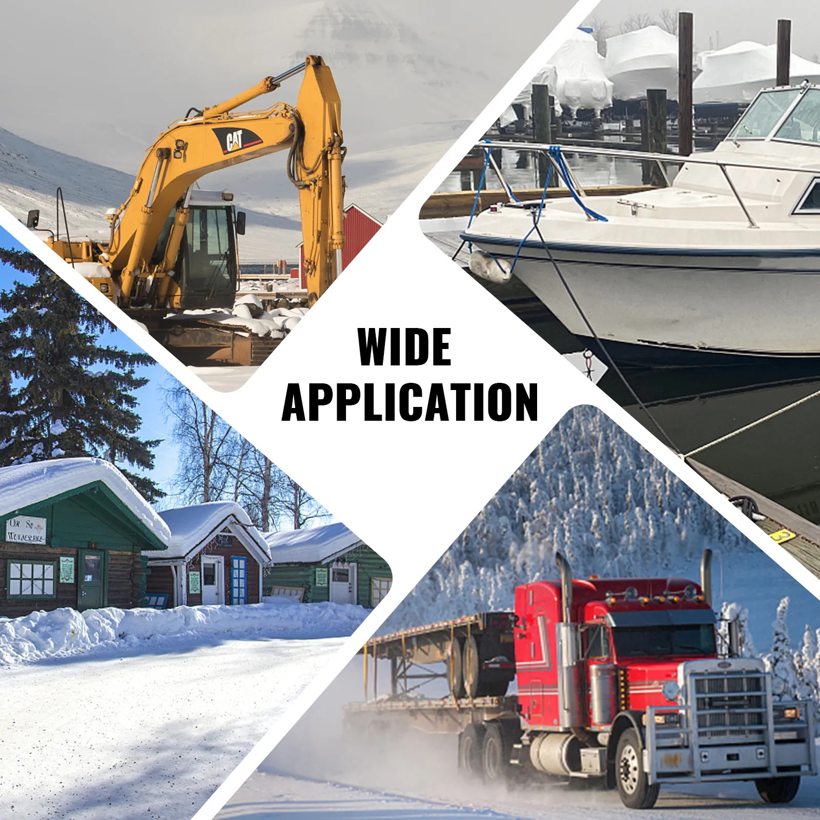 VEVOR diesel air heater: excavator, boat, cabin, and truck in snowy conditions. wide application.