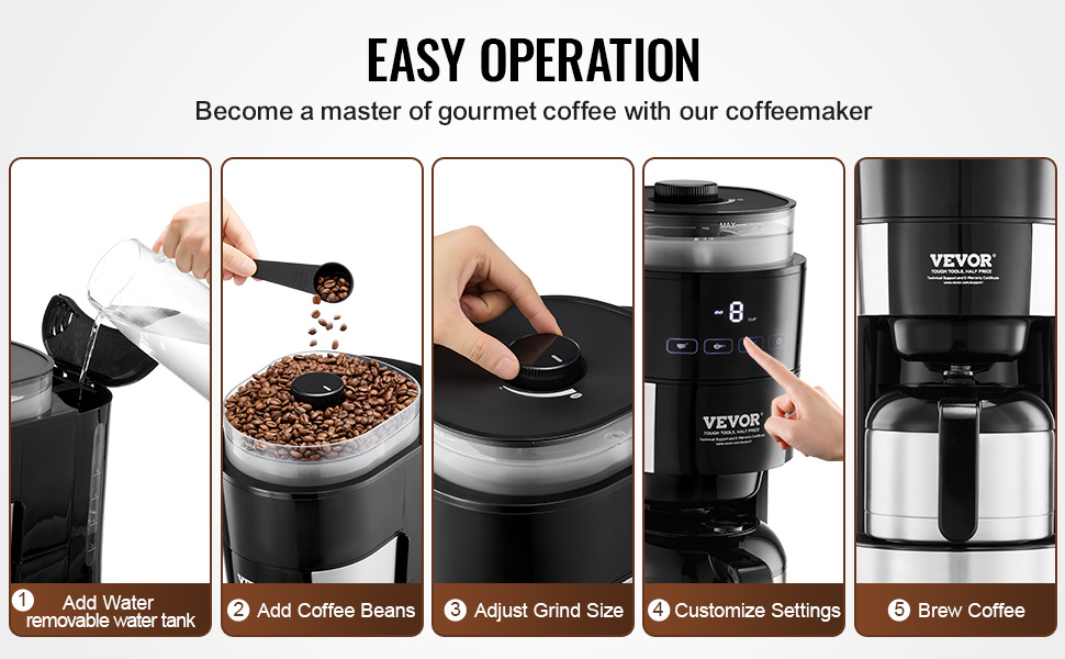 VEVOR 8-Cup Coffee Maker with Grinder – Auto Brew Timer