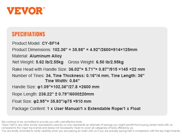 VEVOR landscape rake with aluminum alloy handle, yellow float, and detailed specifications list.