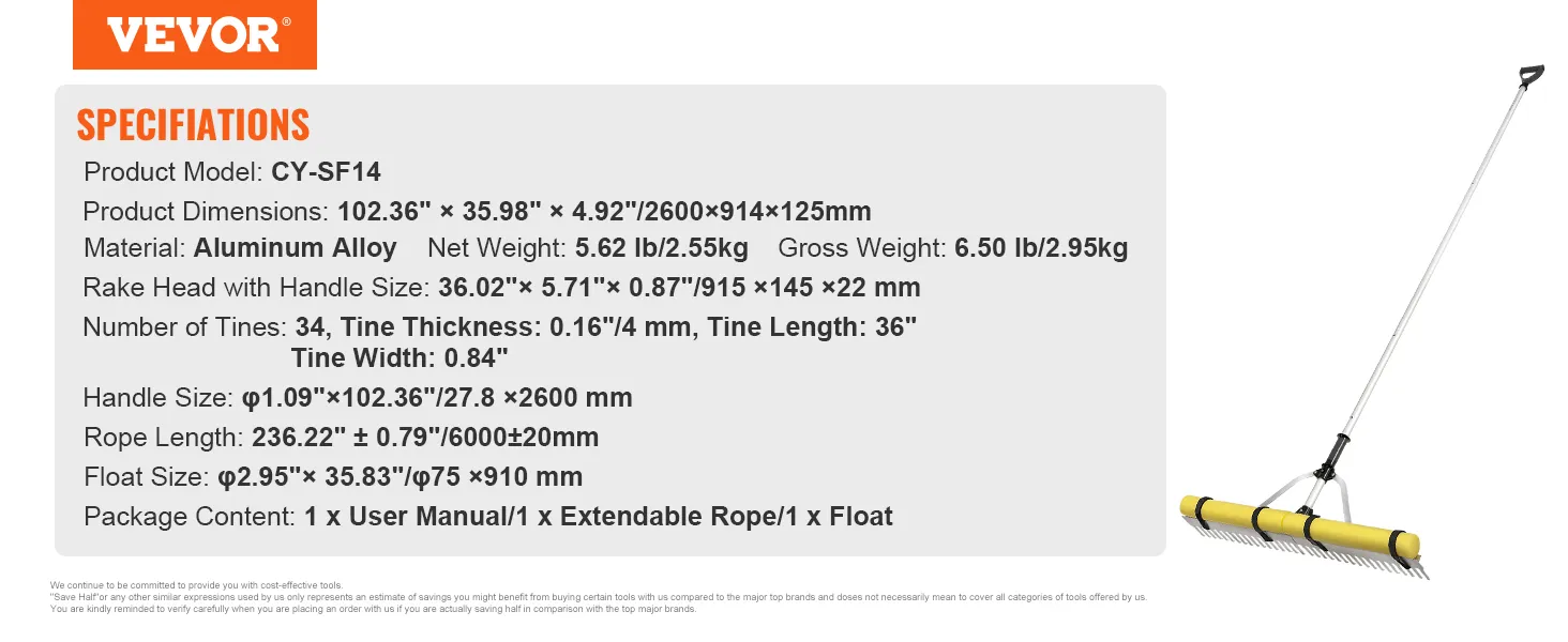 VEVOR landscape rake with aluminum alloy handle, yellow float, and detailed specifications list.