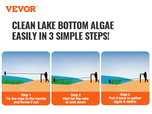 VEVOR landscape rake: how to clean lake bottom algae in 3 steps.