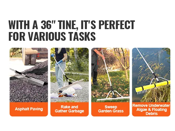 VEVOR landscape rake: perfect for tilling, paving, gathering garbage, sweeping grass, and removing debris.