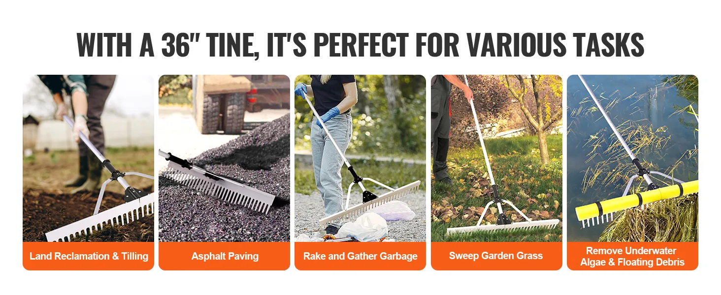 VEVOR landscape rake: perfect for tilling, paving, gathering garbage, sweeping grass, and removing debris.