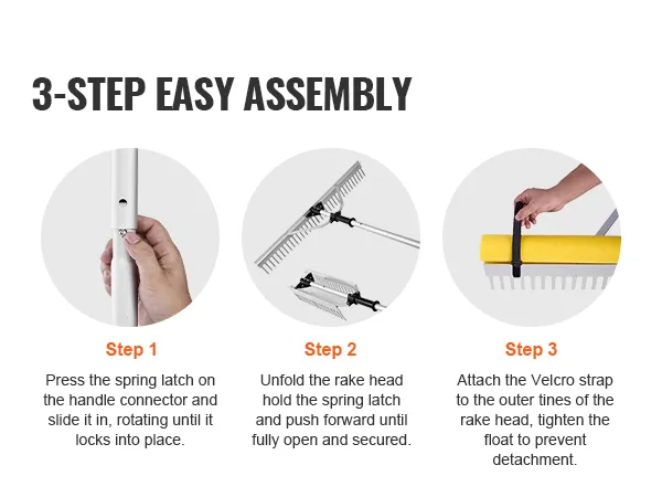 3-step assembly for VEVOR landscape rake: attach handle, unfold rake head, secure velcro strap.