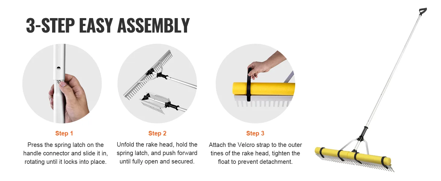 3-step assembly for VEVOR landscape rake: attach handle, unfold rake head, secure velcro strap.