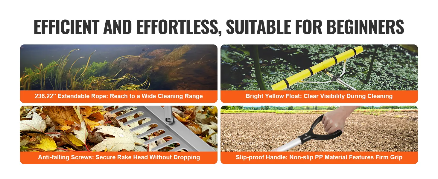 VEVOR landscape rake with extendable rope, yellow float, secure screws, and non-slip handle.