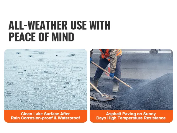 all-weather use benefits for VEVOR landscape rake: rain protection and high temperature asphalt paving.