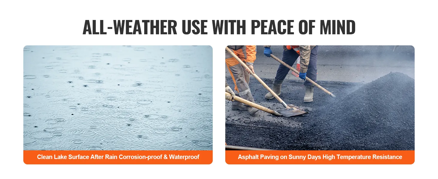 all-weather use benefits for VEVOR landscape rake: rain protection and high temperature asphalt paving.